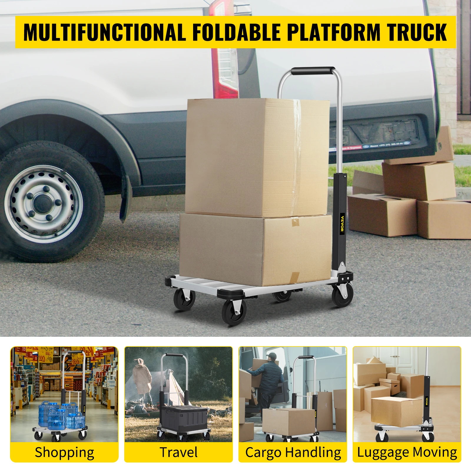 Carrello pieghevole VEVOR carrello carrello con ruote carrello portabagagli capacità 330lb costruzione solida carrello Flatform in lega di alluminio