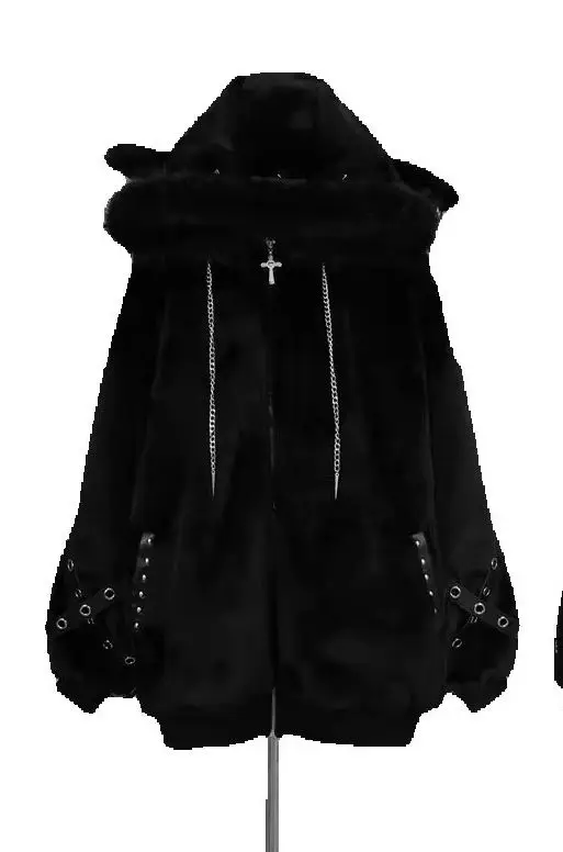 Japanese Harajuku Subculture Y2k Female Overcoat Punk Autumn Winter Hooded Cardigans Coat Rivet Cross Faux Fur Puffy Jackets