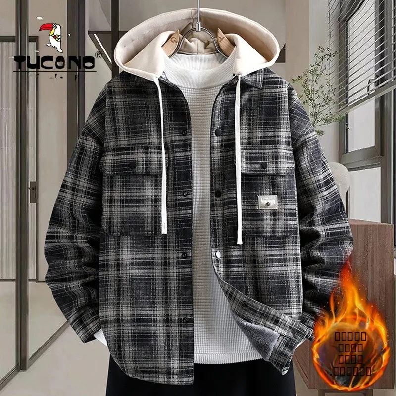 

Thiened Fce Hooded Plaid Jaet Men's Casual Outerwear Autumn Winter New Sle TUCANO Brand Youth Loose Fit Warm Coat