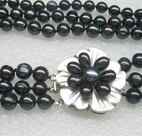 Top Quality Genuine Pearl Necklace 3 Strand 8mm Black Freshwater Pearl Necklace Cameo Sea Shell Flower Clasp Charming Women Gift