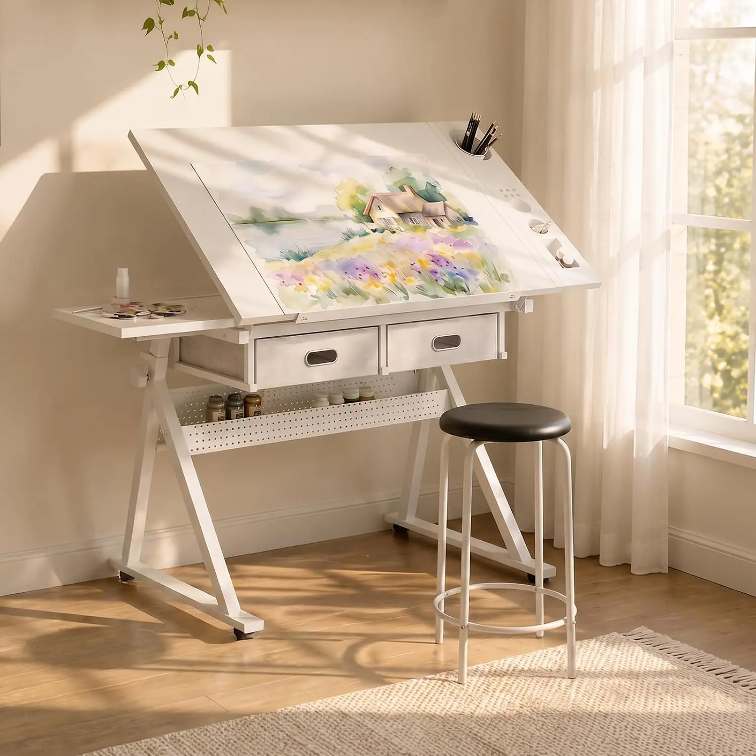 Height Adjustable Drafting Table with Stool, Drawing Art Desk with 2 Drawers, Artist Table with 75° Tilted Tabletop