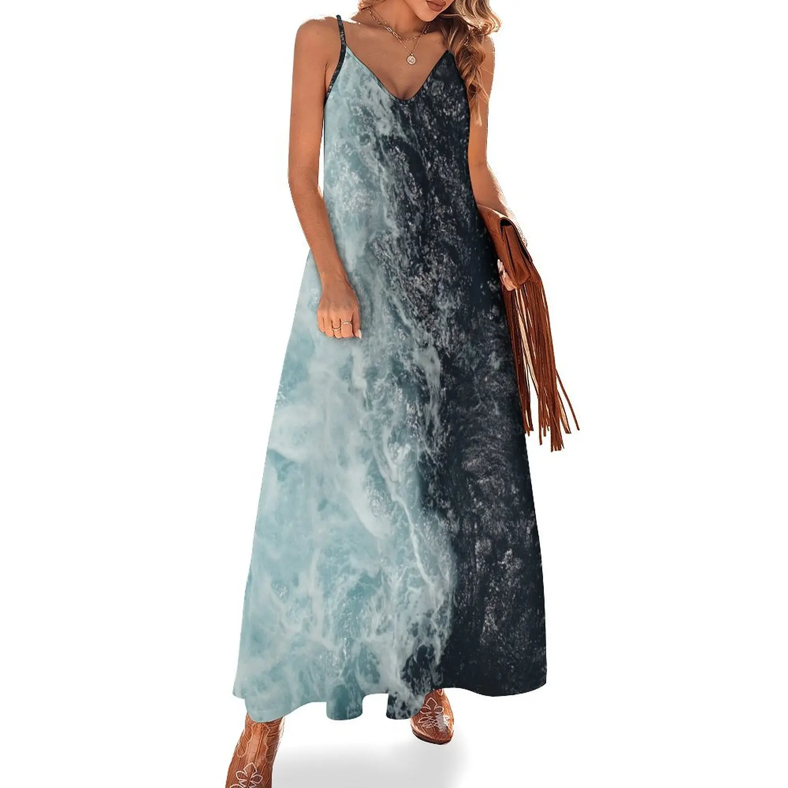 Mixed Turquoise Blue And Black Ocean Sleeveless Long Dress prom dresses Women long dress Dress
