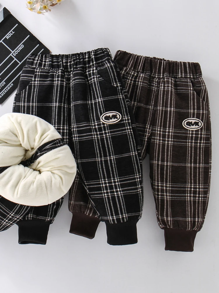 

Фланелевые зимние брюки Thiened для мальчиков, хлопковые штаны с клетчатым рисунком на подкладке, детская зимняя одежда