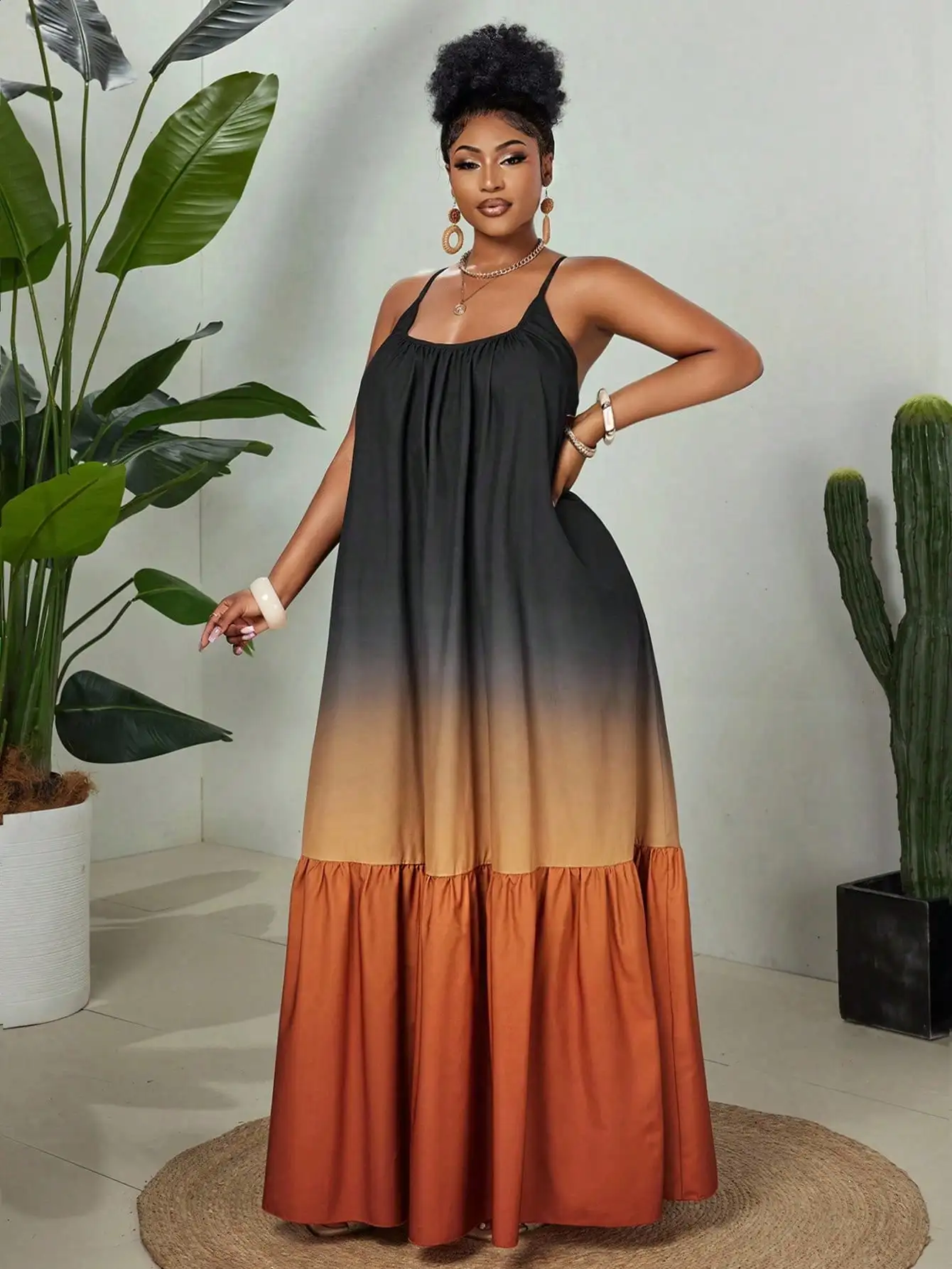 

Women's Ombre Gradient Spaghetti Strap Maxi Dress with Ruffle Hem, Boho Style