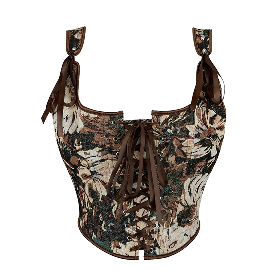 Becirzet Französisches Vintage Damenkorsett Bustier mit Blumenmuster, ärmelloses Schnür-Crop-Top, Taillenformer, Camisole – Detail 2