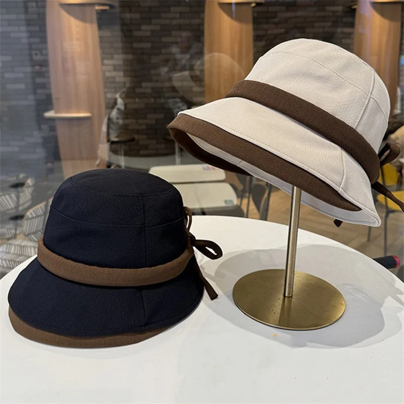 Frühling Herbst Fischer Kappe für Frauen Elegante Koreanische Große Krempe Bogen Eimer Hut Im Freien Strand Reise Sonnenschirm Panama Hüte