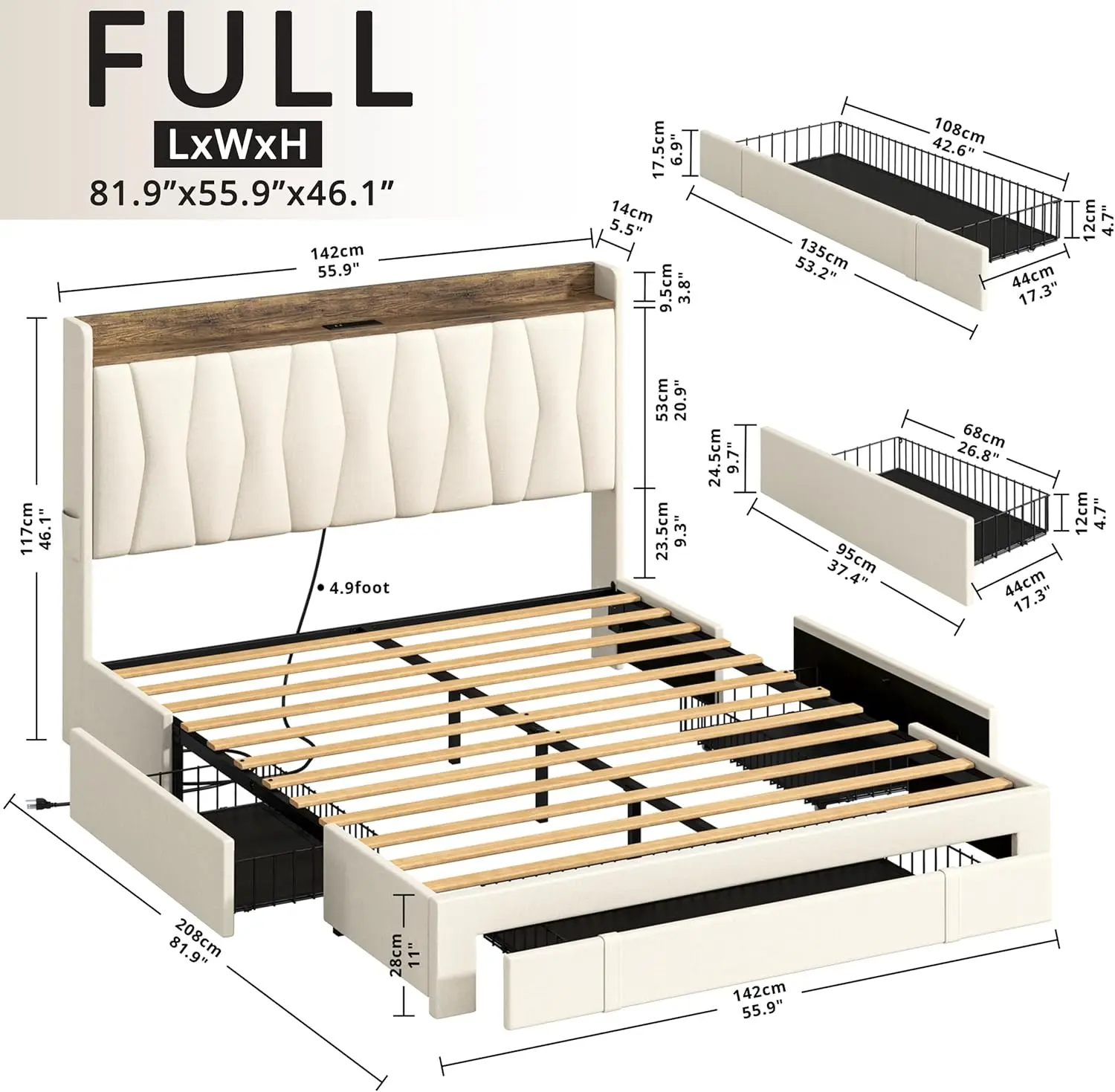 ANCTOR Full Size Bed Frame with 3 Drawers, Upholstered Platform Bed with Storage Headboard and Charging Station, No Box Spring