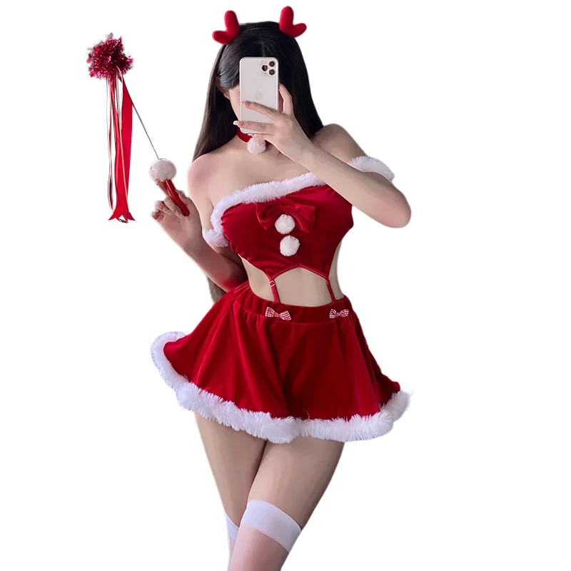 Costume de cosplay de Noël pour femmes et filles, robe rouge en velours, haut Everak sexy, jupe et gants trempés, uniforme de lapin, nouveau, 2023