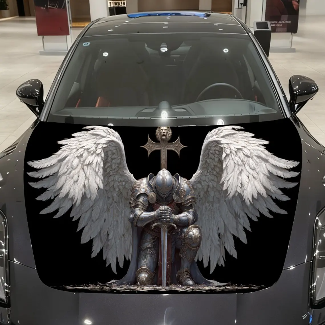 

Silver-Armored Kneeling Sword-Bearing Knight with Lion-Head Cross Car Vinyl Wrap, PVC Material Waterproof Car Hood Sticker, Self