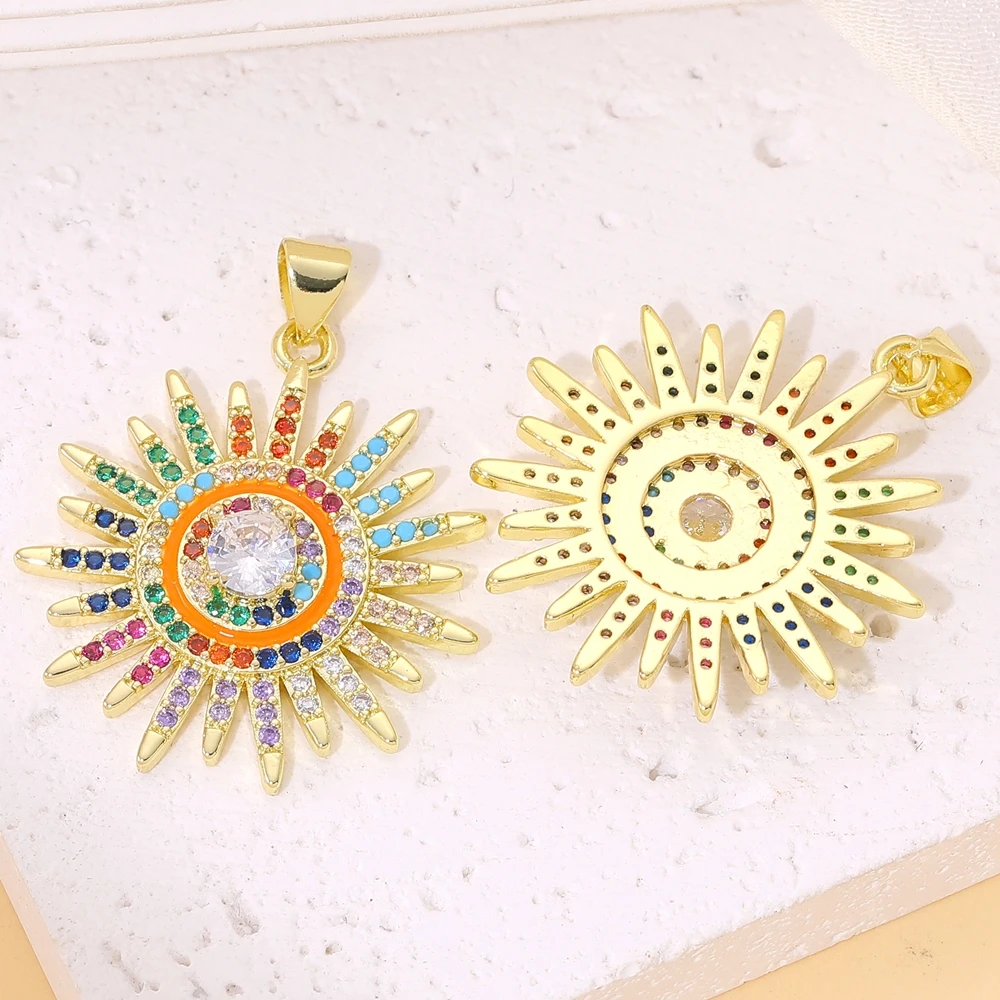 Juya 18K vergoldete Luxus-Anhänger mit Regenbogen-Zirkonia, Stern, Libelle, Baum des Lebens, Biene, Liebesherz, rundem griechischem Bösen-Auge-Charm – Detail 13