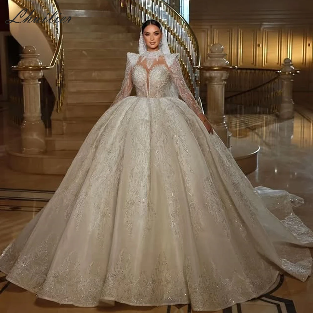 Lhuilier Customized O-Neck Ball Gown Lace Wedding Dresses Floor Length Full Sleeves Beaded Bridal Gowns with Chapel Train
