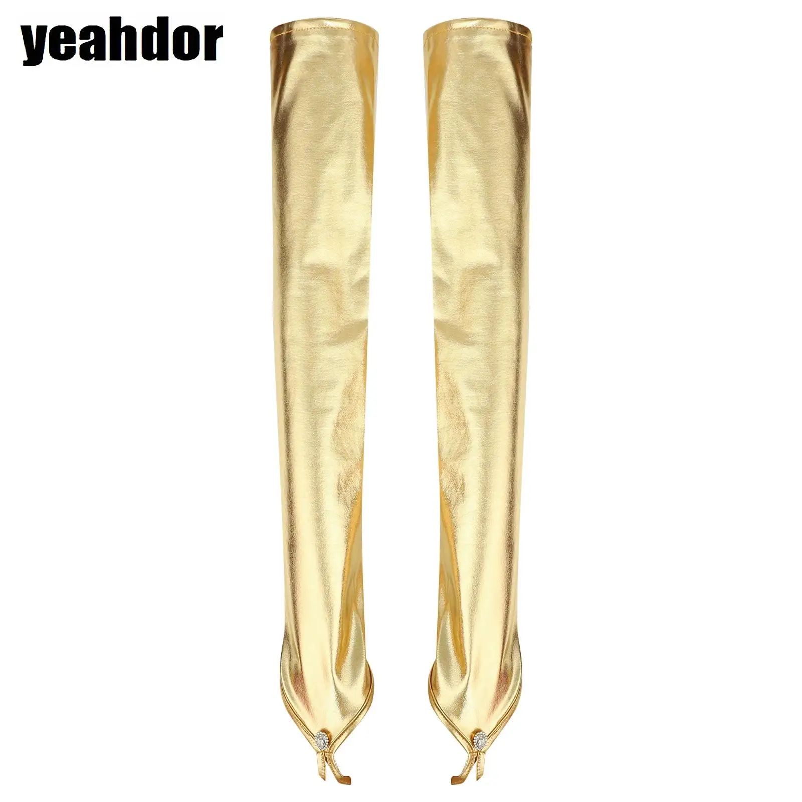 

Women Shiny Metallic Gloves Fingerless Elbow Length Rhinestone Decor Long Gloves for Cosplay Night Club Dance Party Performance