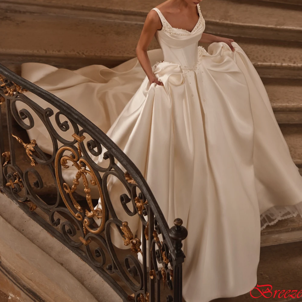 Personalizado romântico marfim cetim vestido de casamento com pérolas elegante querida 2025vestido de novia formal a linha vestidos de noiva