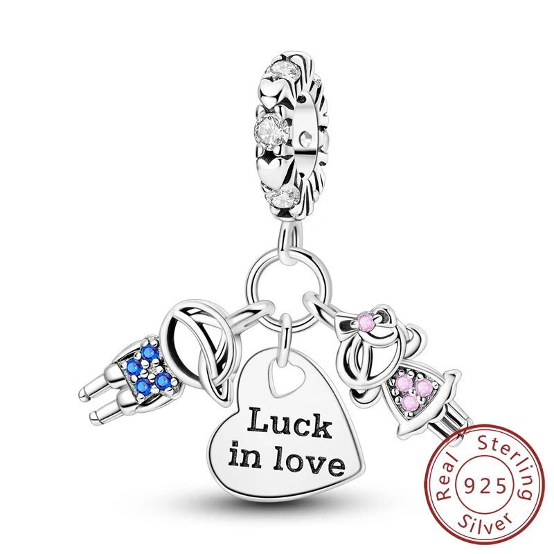 

Cute 100% 925 Sterling Silver Lucky Boy & Girl Love Triple Dangle Charm Fits Pandora Bracelet DIY Birthday Gift Jewelry Making