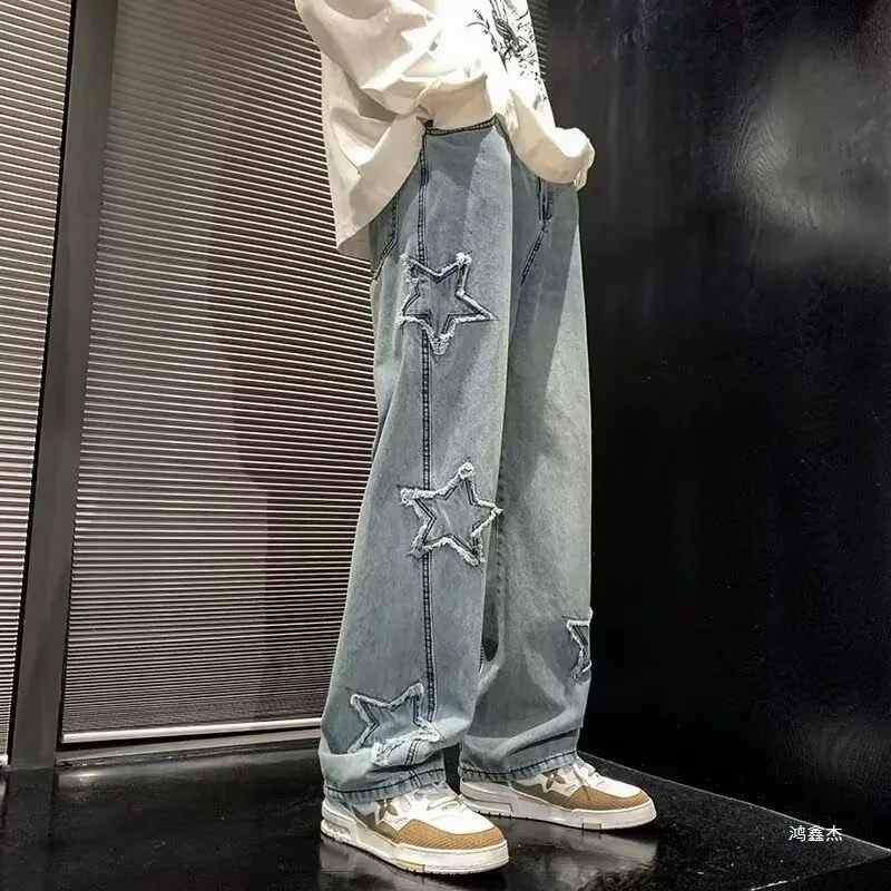 

High-street Jeans Trendy And Versatile Loose-Fitting Design Star Embroidery Straight Leg Wide-leg Pants