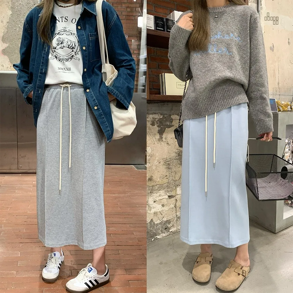 

PiJiUu ey Blue Dstring f Skirt New Arrival A-Line Long Skirt Korean Sle Commute Pure Color mid Waist Design