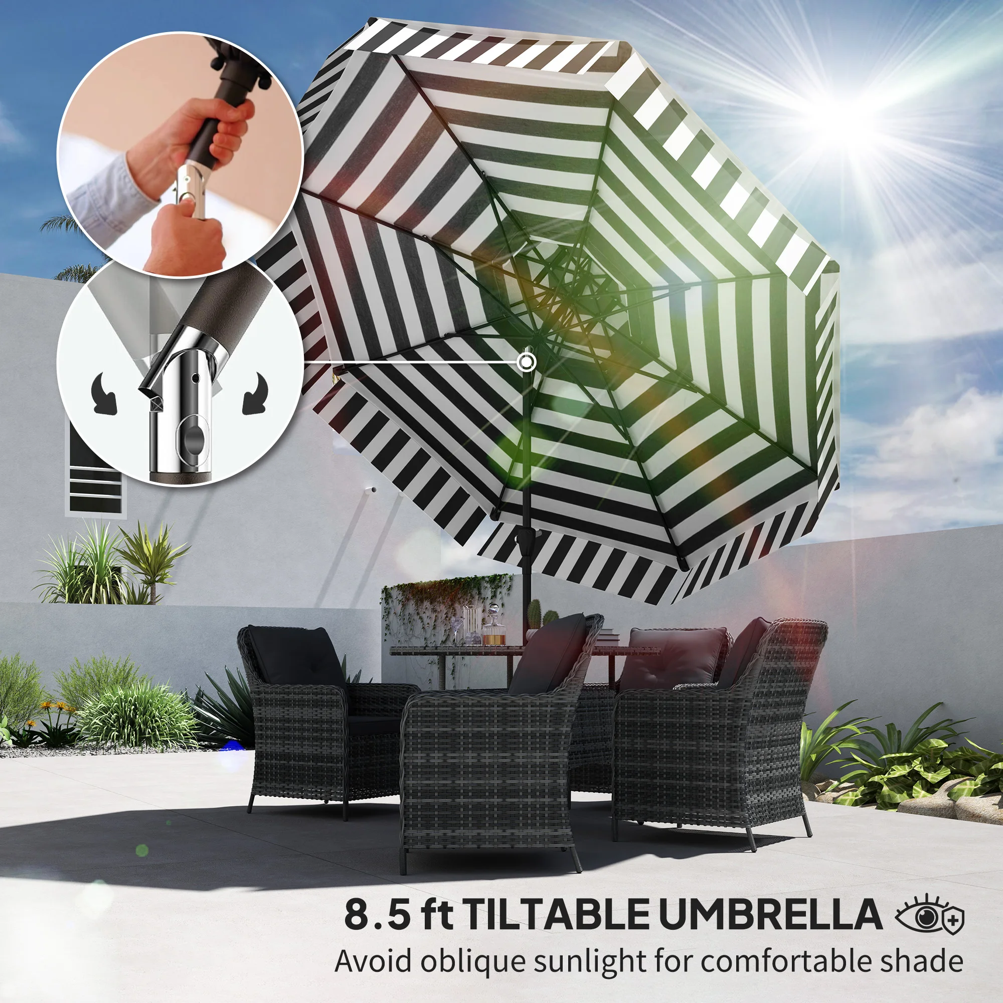 

Sleek Black 8.6FT Patio Umbrella UPF30+ Market Umbrella 2 Tier Vented Crank Tiltable 8 Ribs for Table Deck Garden Poolside