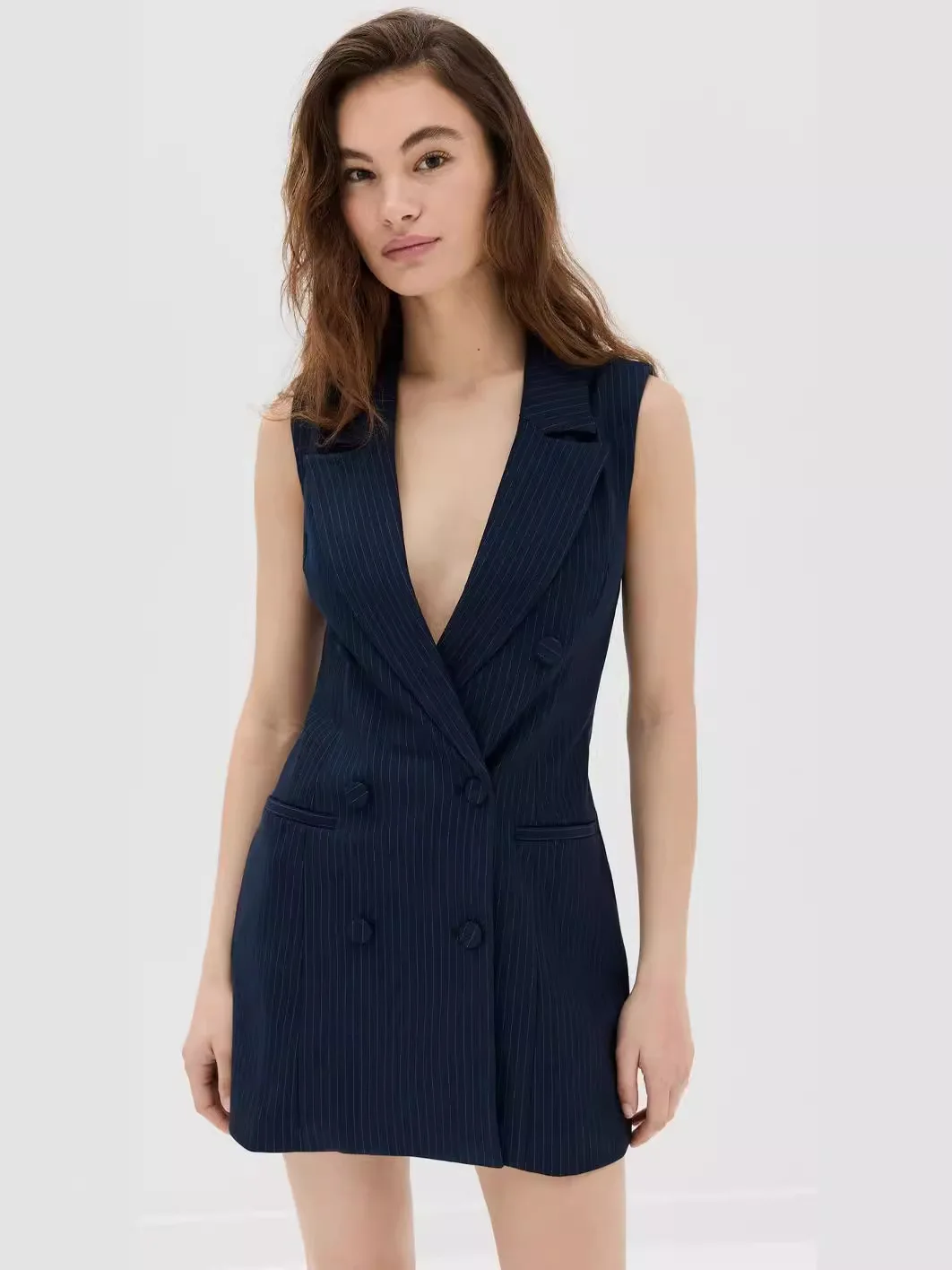 Navy Pinstripe Women Suit 1 Piece Long Vest Formal Office Lady Business Work Wear Sexy Sleeveless V Neck Formal Coat Prom Dress