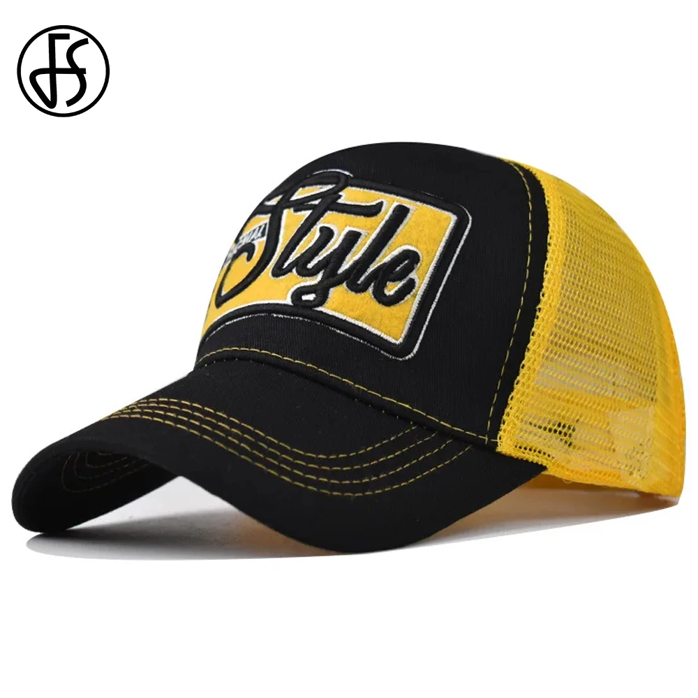 FS Stylish Yellow 5 Panel Baseball Hat For Men Women Street Breathable Mesh Trucker Hats Snapback Hip Hop Caps Bones Masculinos