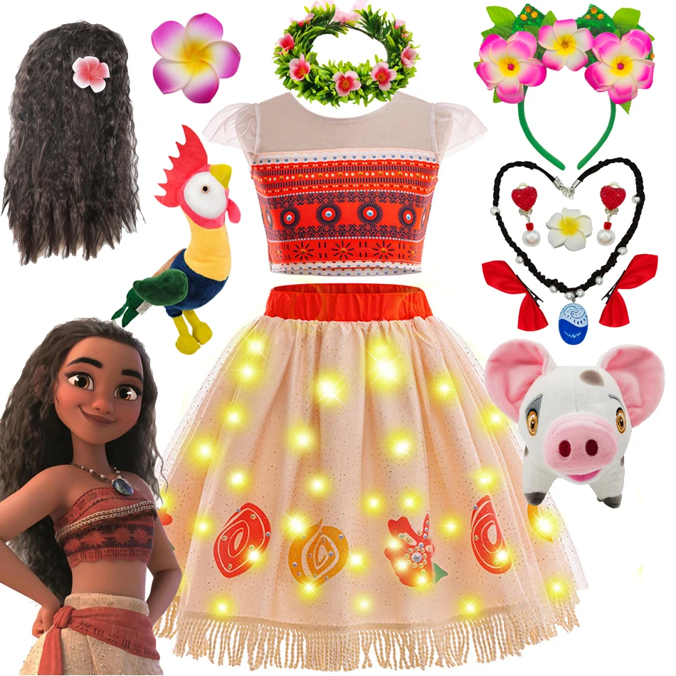 Disney Moana Dresses Girls Kids Clothes Cosplay Vaiana Princess Dress Necklace Wig Children Carnival Party Summer Costume Set