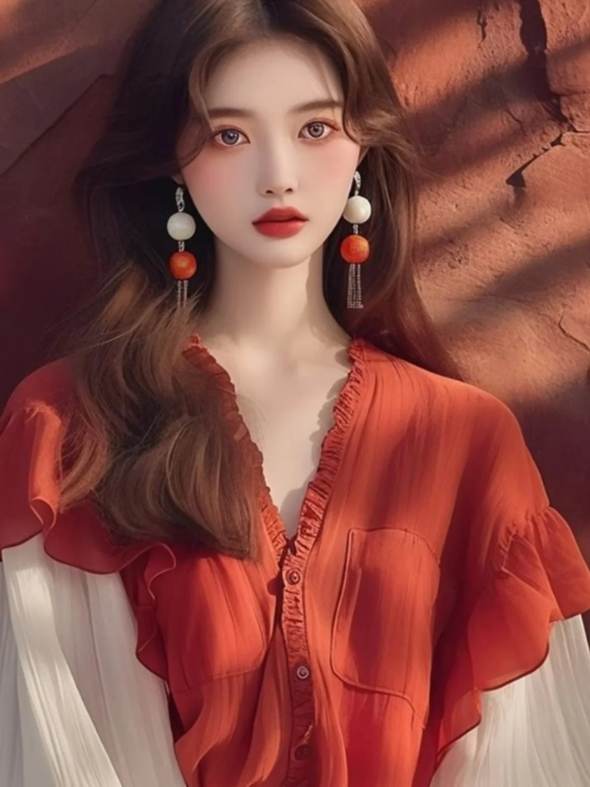 레드 V넥 버블 슬리브 여성용 초가을 고급 유니크 선드 커버업 탑 버튼 루즈핏 롱 슬리브