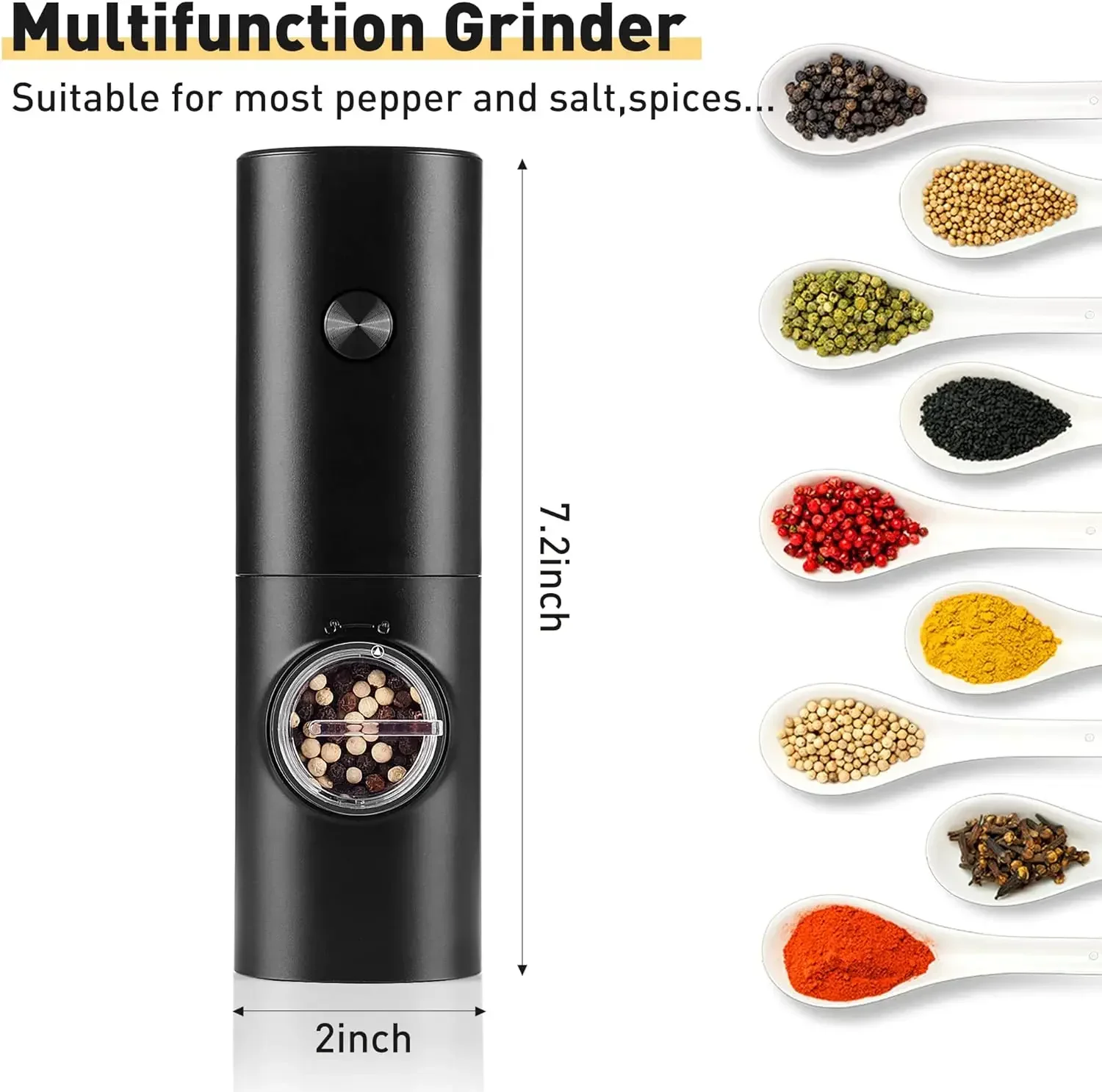 Electric Pepper Grinder or Salt Mill, Battery Powered Automatic Pepper Mill, Ceramic Grinder with Adjustable Coarseness