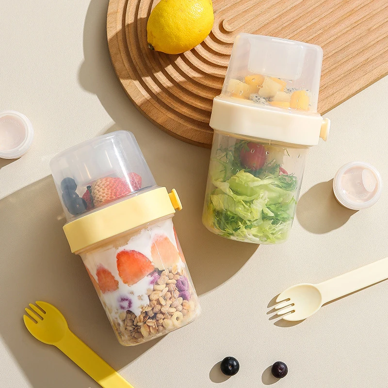 Breakfast Fruit Oat Yogurt Salad Cup With Lid And Spoon Two-layers Food Storage Bento Box Fitness Fat-Reduced Taper Bowl