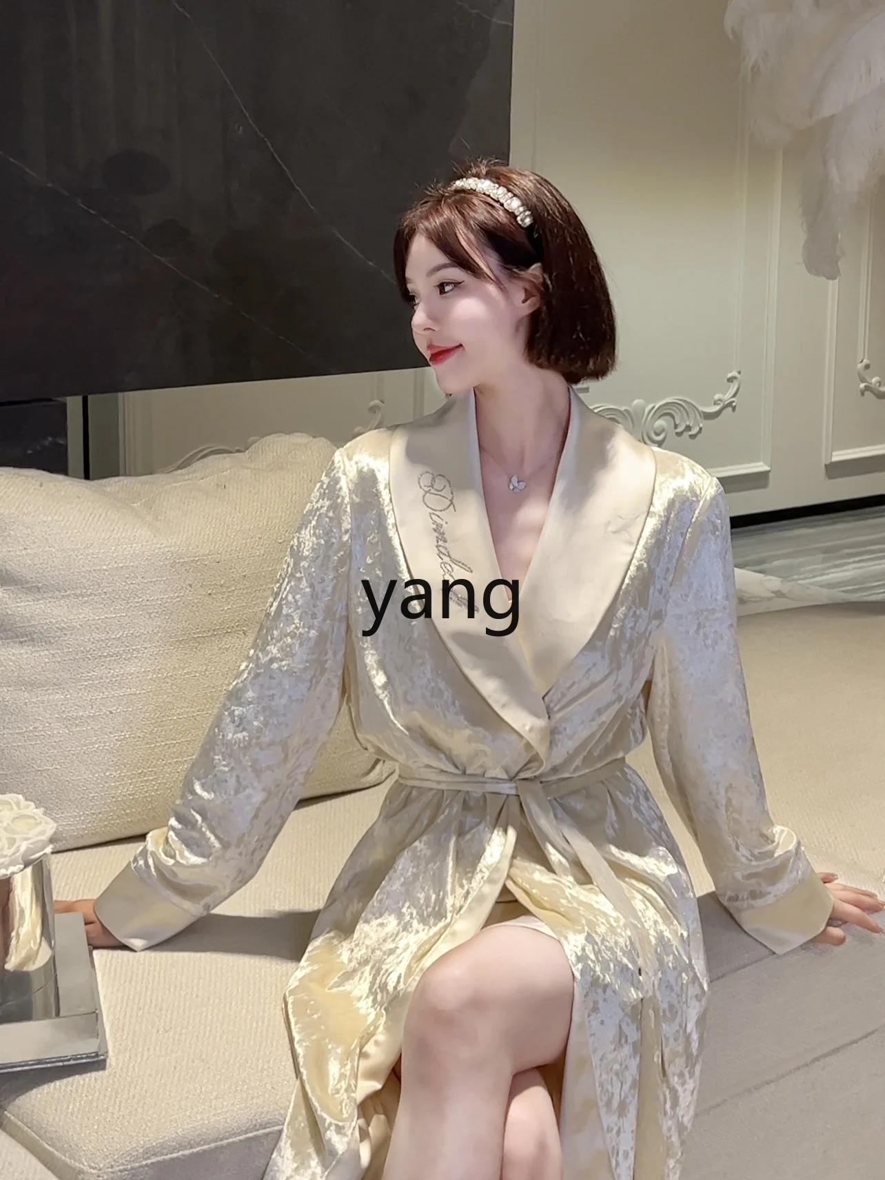 LMM light luxury lapel satin velvet splicing nightgown medium and long high-end spring and autumn pajamas women's models