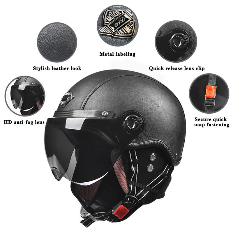 AD Retro Motorcycle Helmets with Harley Visor Leather Helmet for Man Electric Motorbike Vintage Protected Motor Safety Cap