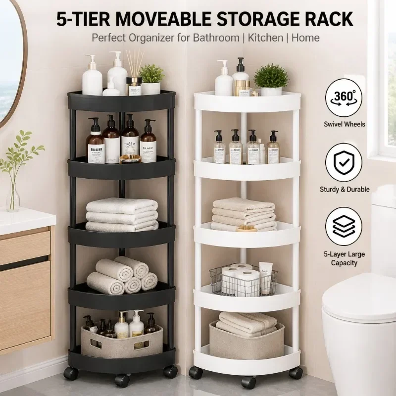 Rolling 5-Tier Storage Cart With Swivel Wheels Multifunctional Organizer Shelf For Bathroom Kitchen Household Sundries Snacks