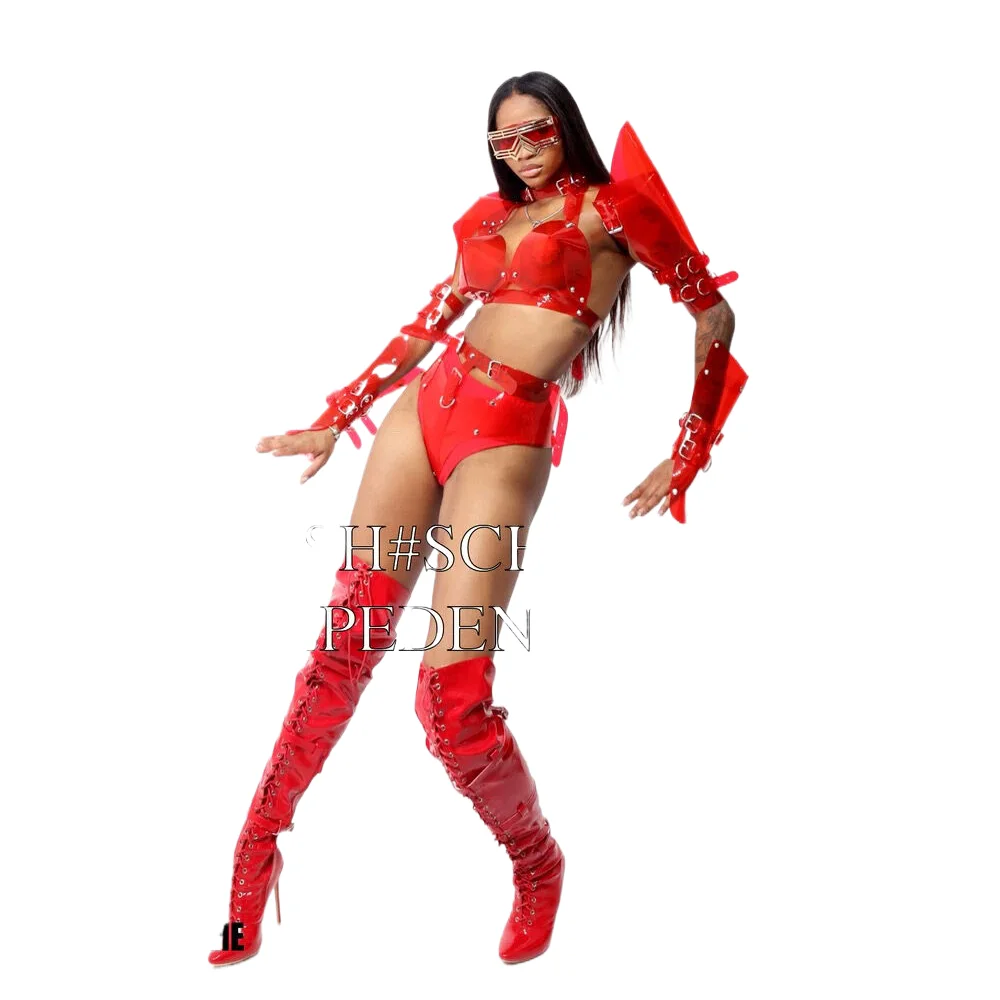 New Sexy Party Pole Dance Clothing Men Red Rivet Waistband Women Exaggerated Shoulder Bikini Gogo Costume Stage Rave Outfit Set