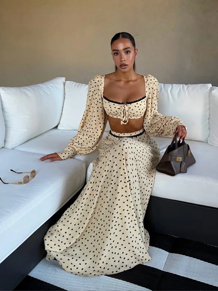 Langärmlige, kurz geschnittene Oberteile mit Polka Dots, lange Röcke, Anzüge für Damen, sexy, geteilte Spitzenoberteile, A-Linien-Röcke, Sets, schicke Damen-Partykleidung, neu – Detail 14