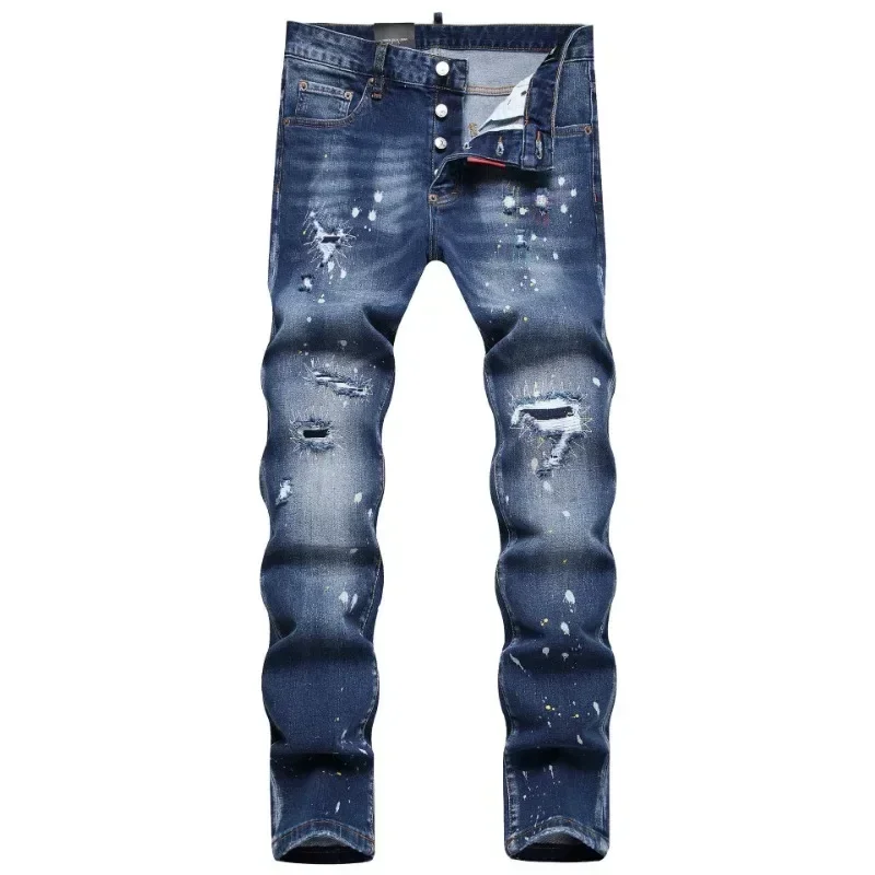 Men Classic Blue Denim Jeans Holes Jeans Pants Italian Style Stretch Denim Pants High Quality Male Slim Denim Trousers Size 42