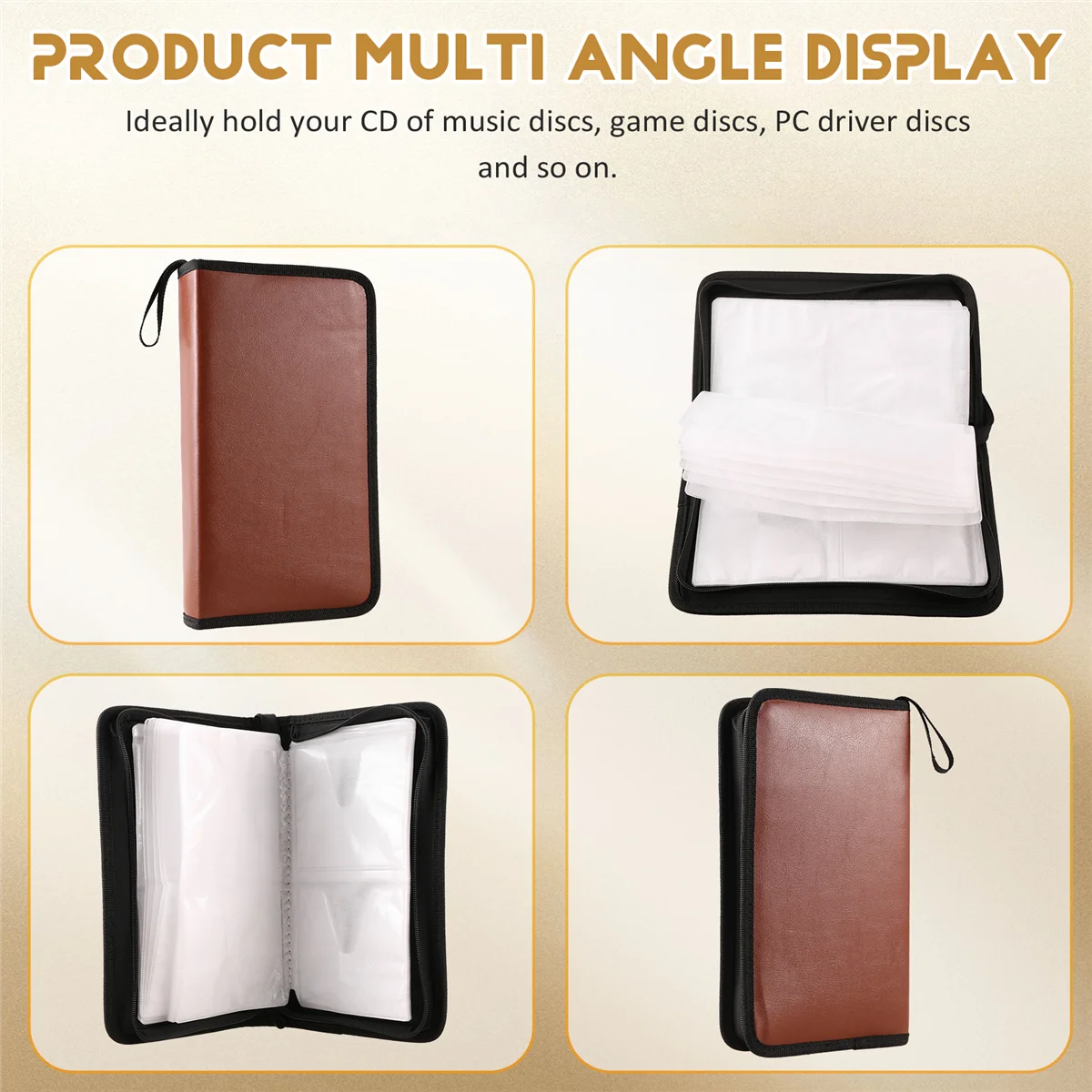 ABQR Borsa portaoggetti portatile in pelle da 80 dischi Custodia con cerniera per album di dischi rigidi CD DVD - Marrone