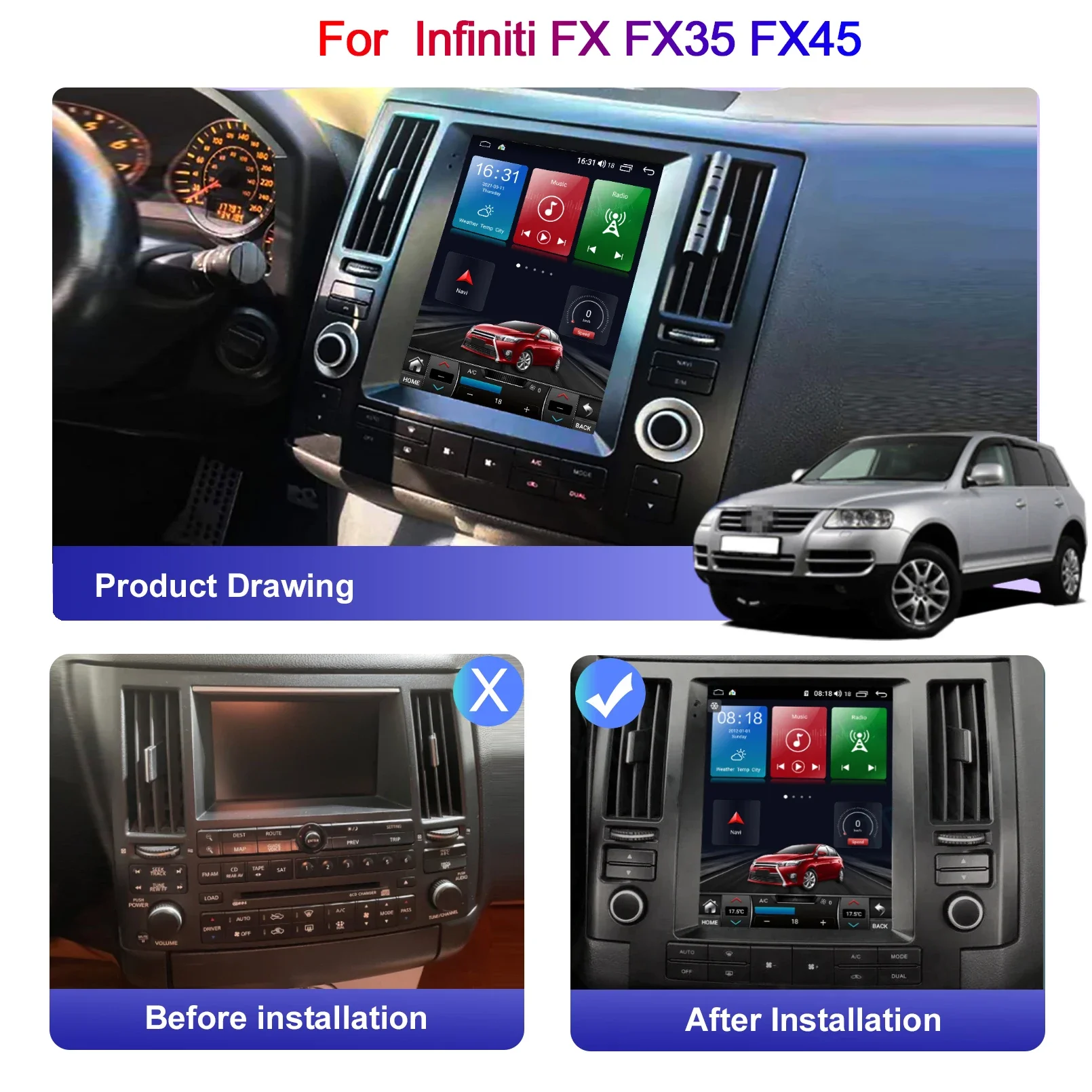 For Infiniti FX FX35 FX45 2003 - 2009 Android 13 Car Stereo Radio with Screen Tesla Radio Player Car GPS Navigation Head Unit