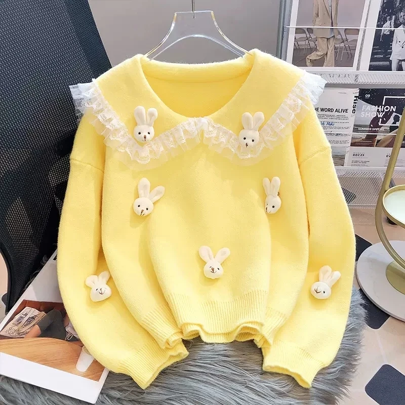 Dolce donna maglione cartone animato conigli Patchwork di pizzo colletto Peter Pan Pullover stile Preppy top in maglia allentata maglione femminile