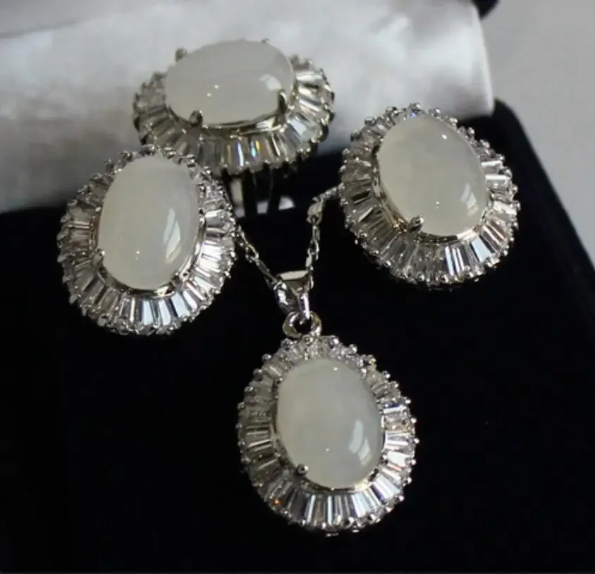 

Women's White Opal metal silver plated necklace earrings jewelry set statement Party Gift