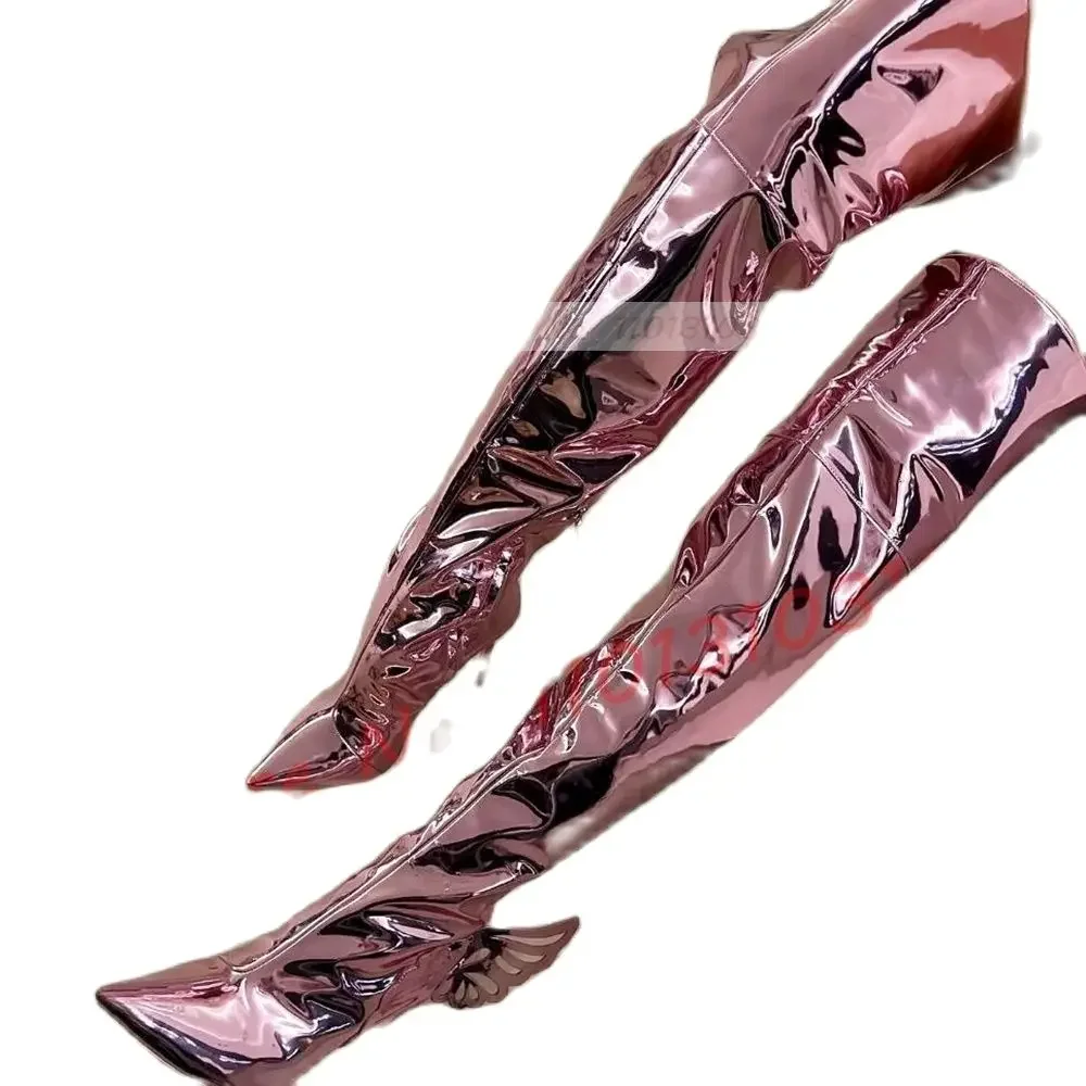 Pink Metallic Leather Wing Boots Women Spring Shiny Pointy Toe Thigh High Heel Shoes Ladies Sexy Luxury Trends Patent Long Boots