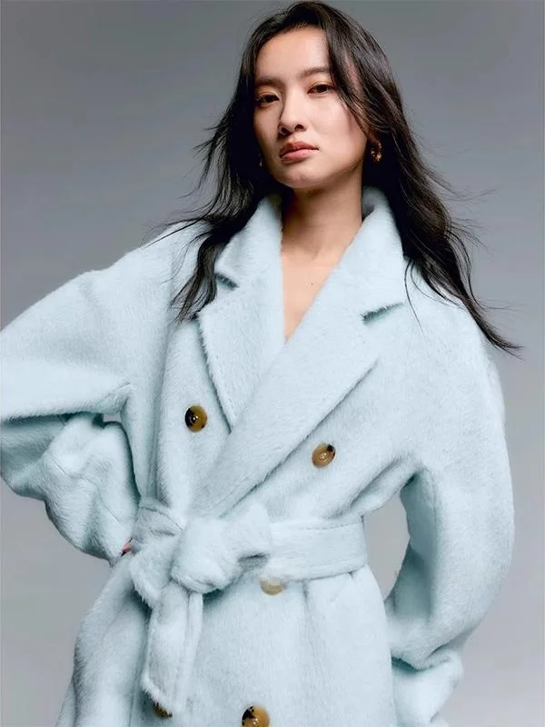 

Шерстяное пальто средней длины светло-голубого цвета с поясом, в корейском стиле, для повседневной носки, утепленное, с длинными рукавами, двубортное на пуговицах