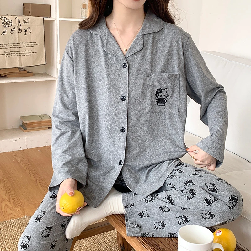 Autumn Women Pajamas Set Two Pieces Sleepwear Lapel Button Cardigan Outfits for Women Long-Sleeved Homewear Girls Pajamas