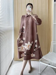 Miyake Pleated Vintage Printed Dress Women 2023 Autumn New Flare Sleeve Designer Pressed Pleated Long Size Size Dress Coat
