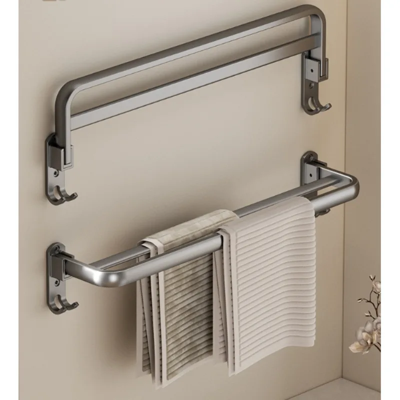 

Folding Double Pole Towel Rack - Non-Perforated Space Aluminum Wall Mounted Storage Towel Bar for Bathroom Toilet Space Saving