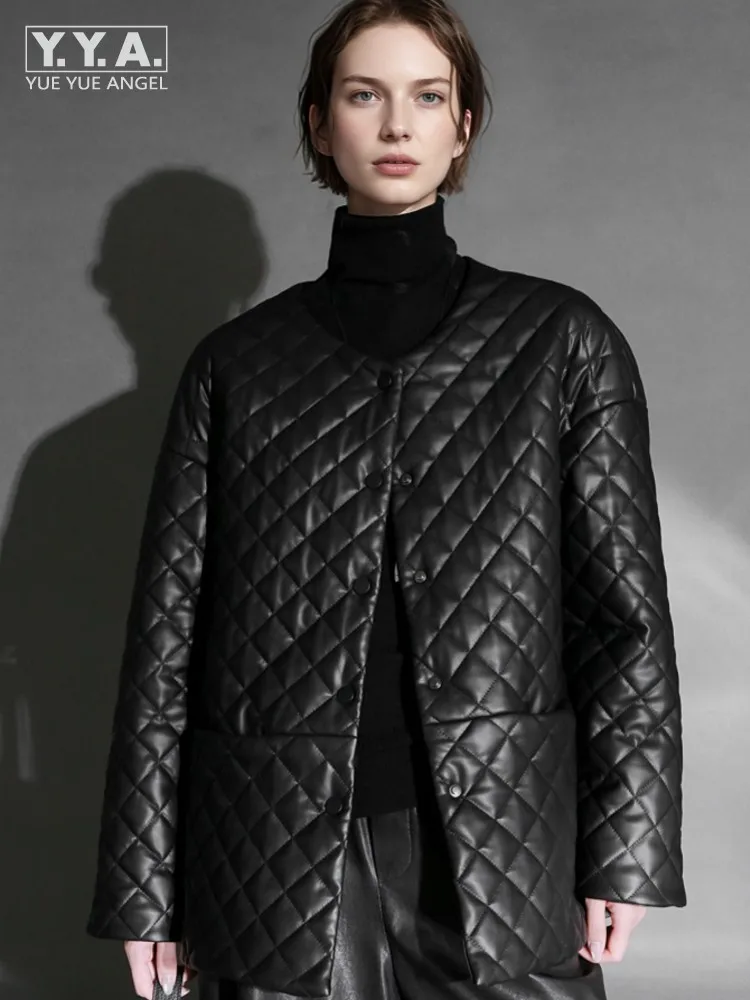 Moda feminina novo outono inverno diamante grade único breasted jaquetas de couro genuíno o pescoço reversível pele carneiro quente outerwear