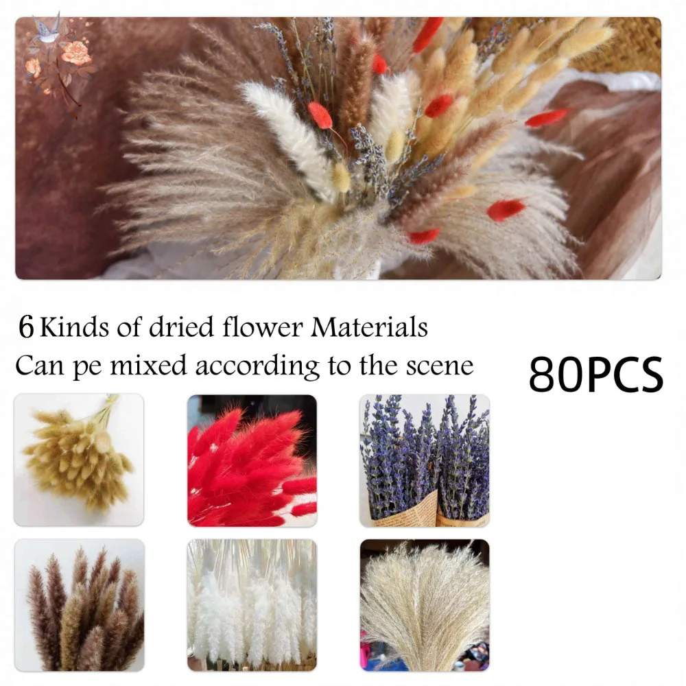 Natural Pampas Lavender Dried Artificial Flower Bouquet Wedding Decor Reeds Rabbit Tail Grass Boho Home Living Room Arrangements