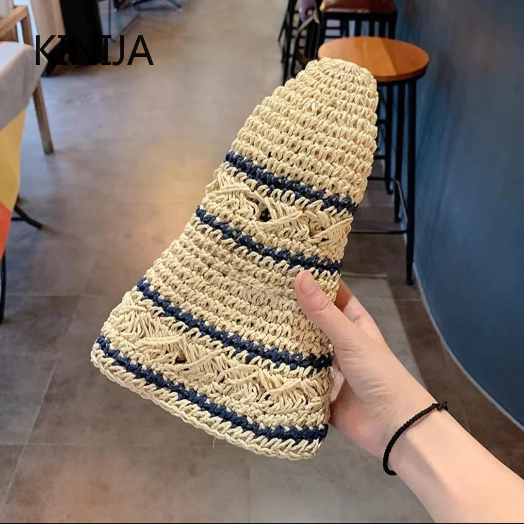 여름 모자 여성 밀짚 태양 모자 접는 태양 모자 한국어 스타일 선 스크린 비치 액세서리 Sunhat Bucket Hat Girls 밀짚모자