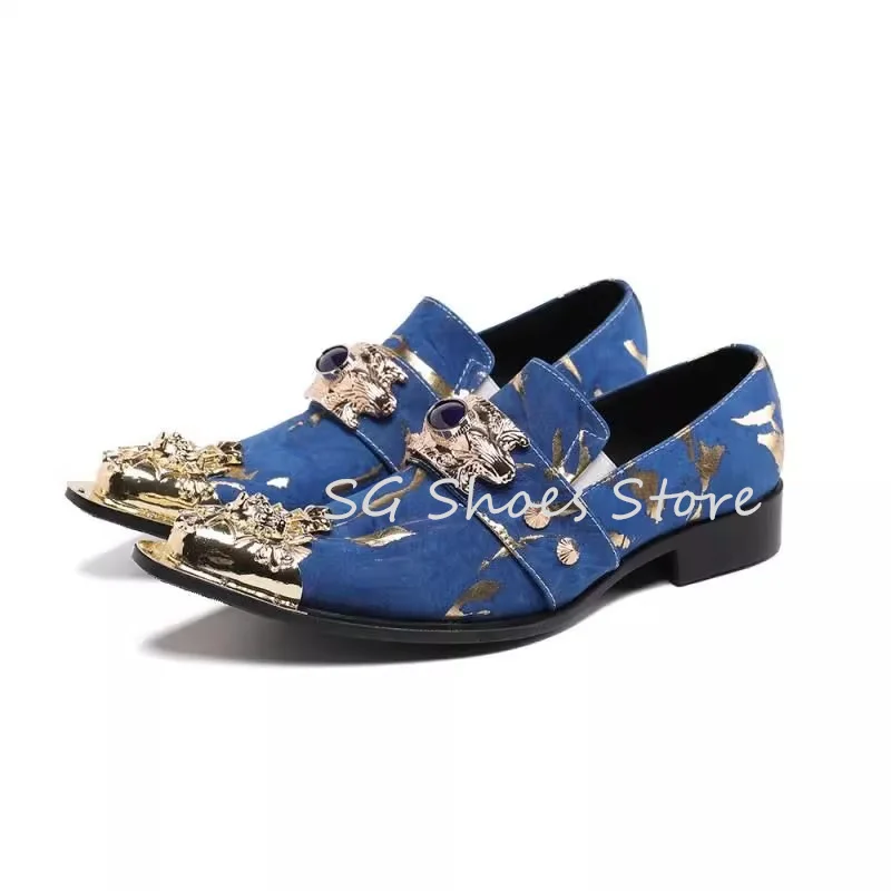 Wedding Dress Shoes for Men Mixed Color Metal Pointed Toe Chunky Heel Loafers Crystal Buckle Male Dress Business Leather Shoes