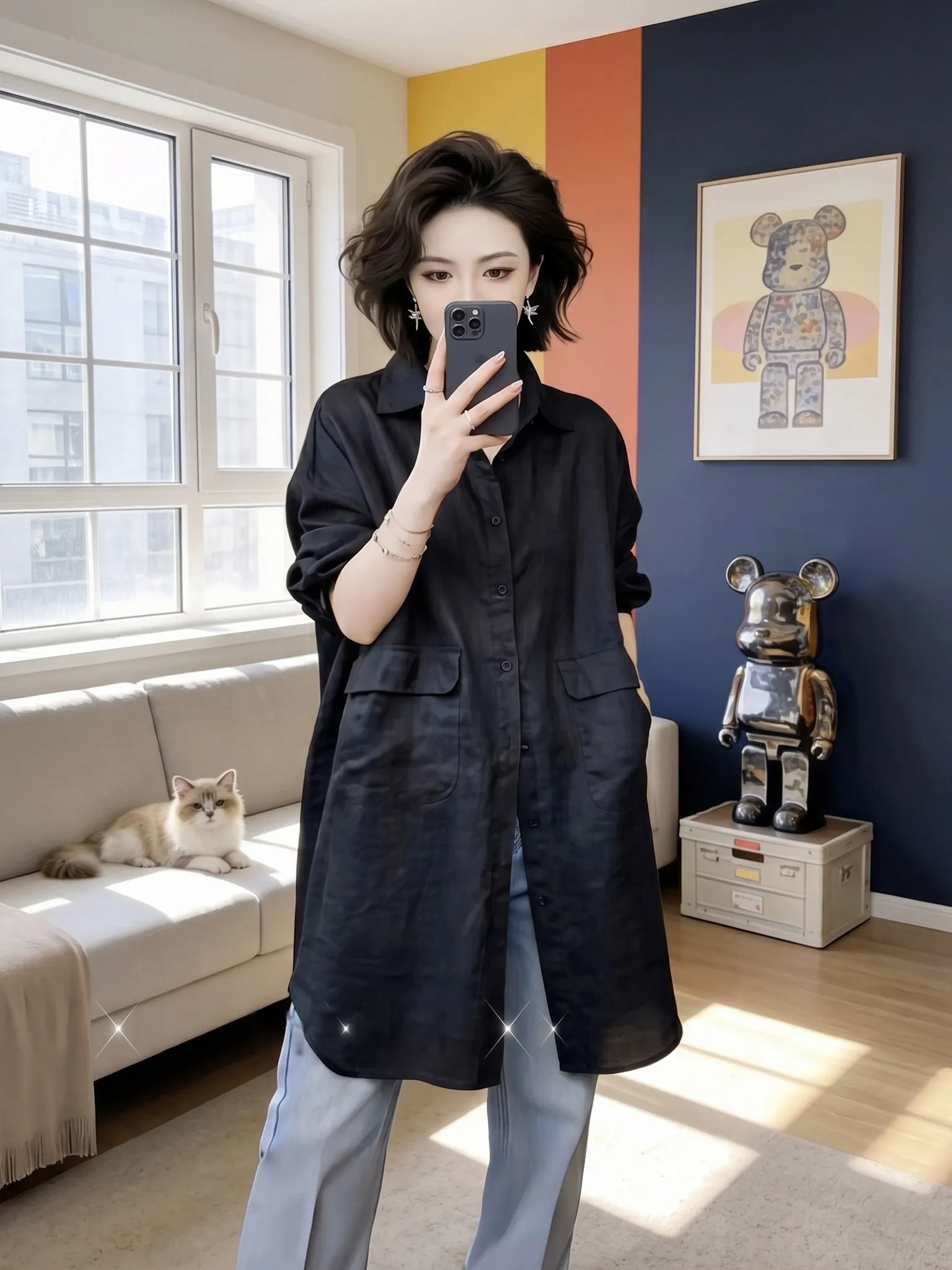 

Women's Casual Loose Black Shirt Versatile Summer Fashionable Vintage Style Slimming Outerwear Korean Style Commute Wind