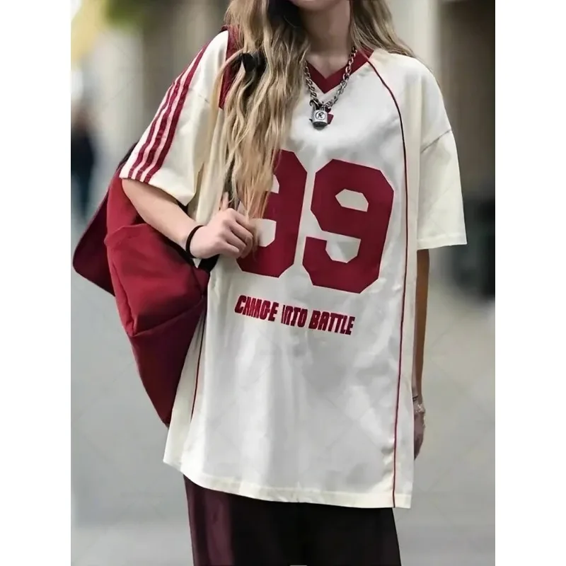 2026 Women Loose Vintage Football 99 Jersey Y2K Number Letter Graphic V Neck Top Retro College Streetwear Oversized T-shirt