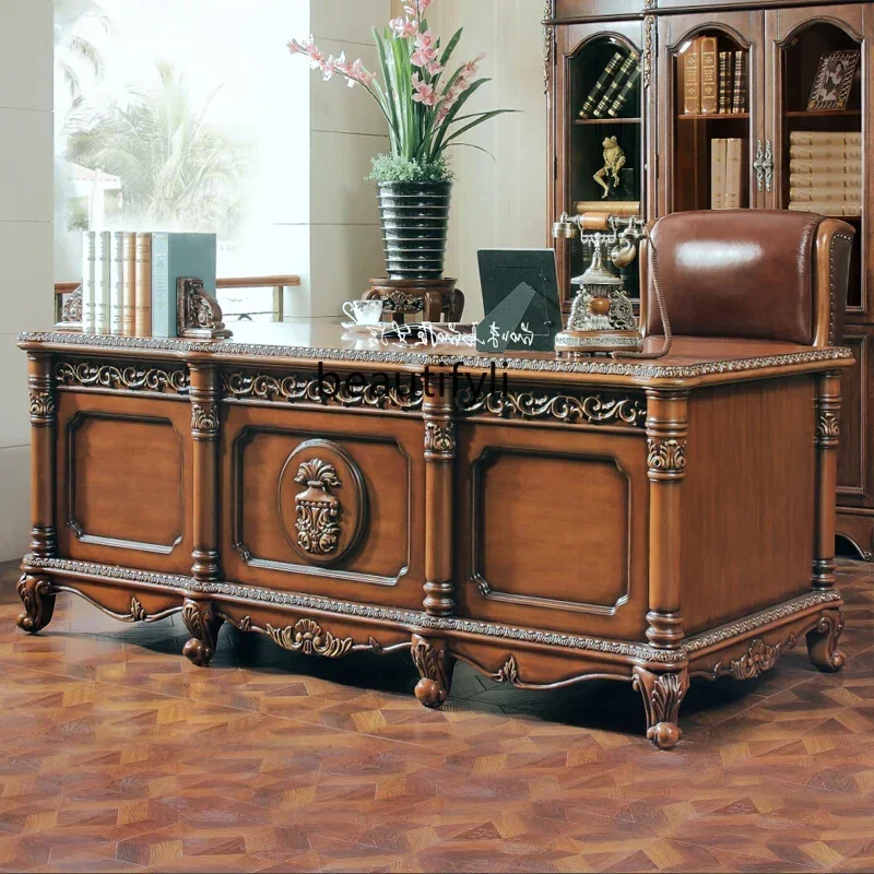 

American solid wood boss desk home European luxury fully furnished desk writing large class desk study furniture