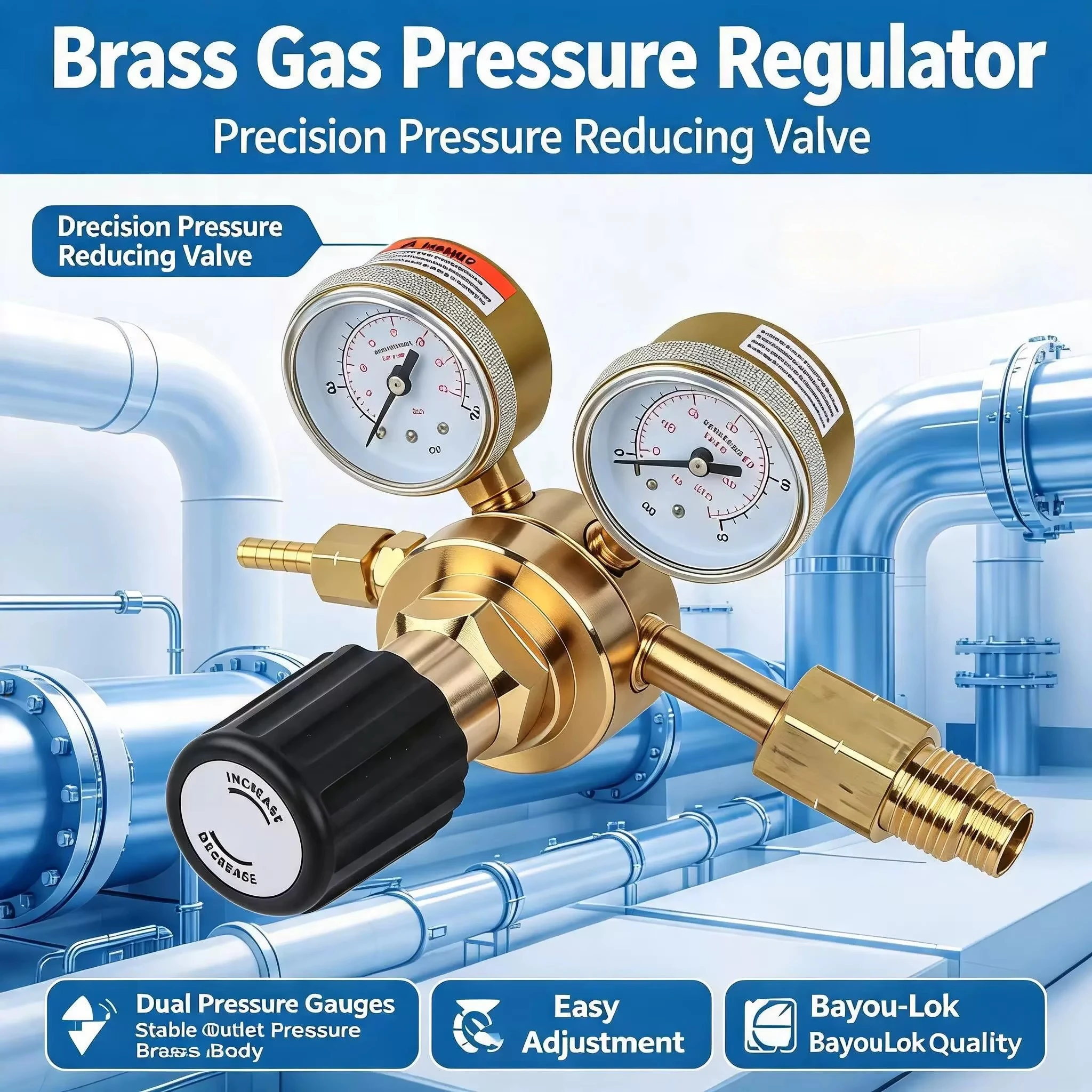Brass two-stage gas pressure regulator with dual pressure gauges, suitable for nitrogen, compressed air bottle gas pressure